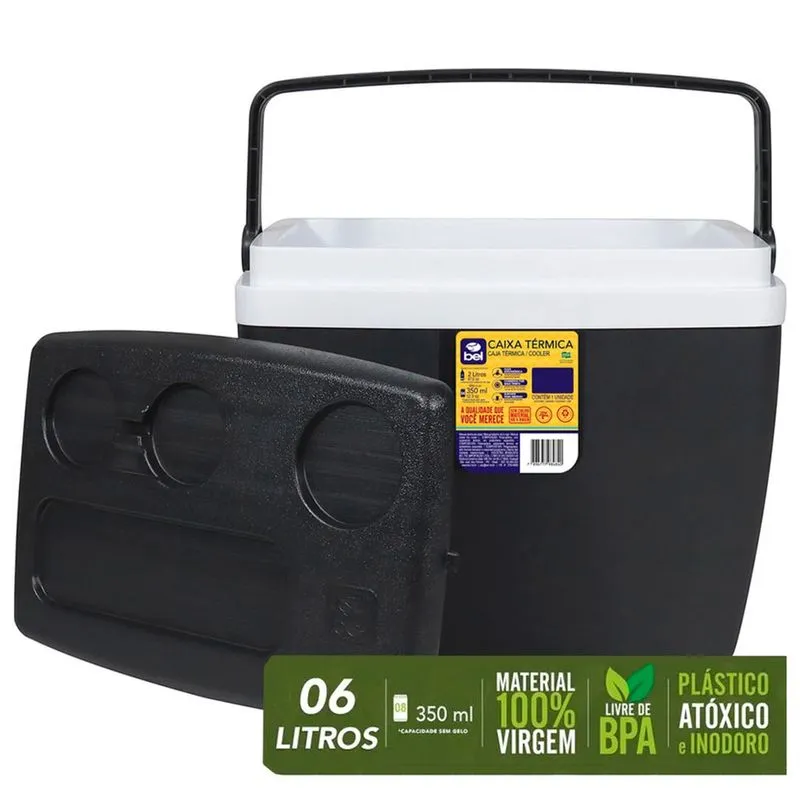 Caixa Térmica 6 Litros Preta e Branca Bel Alça Ergonômica Tampa com Trava de Segurança