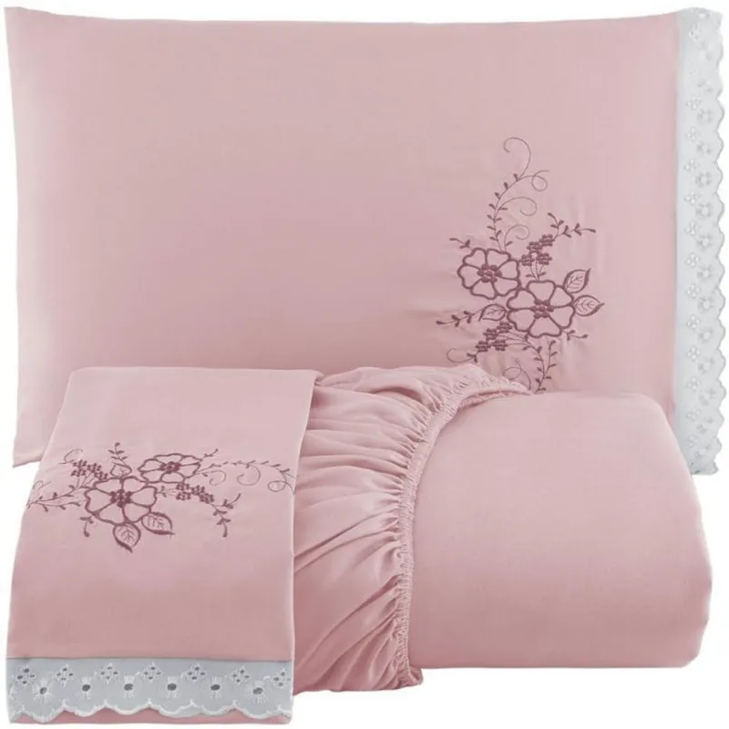 Jogo Cama Lençol Rosê Queen Bordado 03 Peças