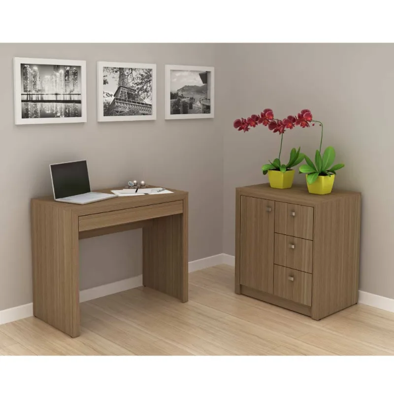 Conjunto para Escritório Mesa e Balcão 3 Gavetas - Amêndoa