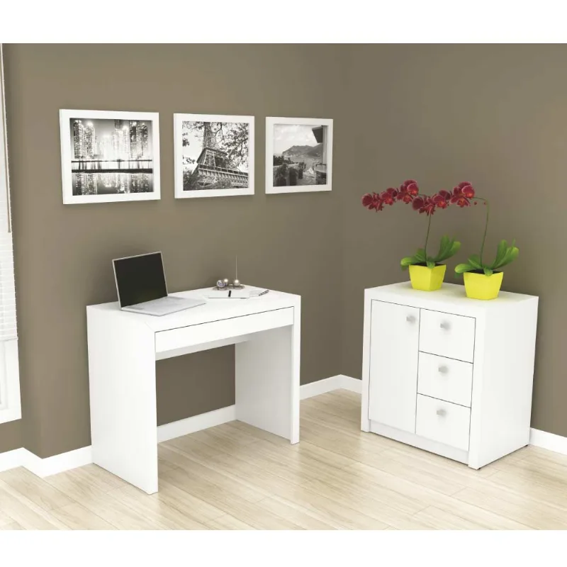 Conjunto para Escritório Mesa e Balcão 3 Gavetas - Branco
