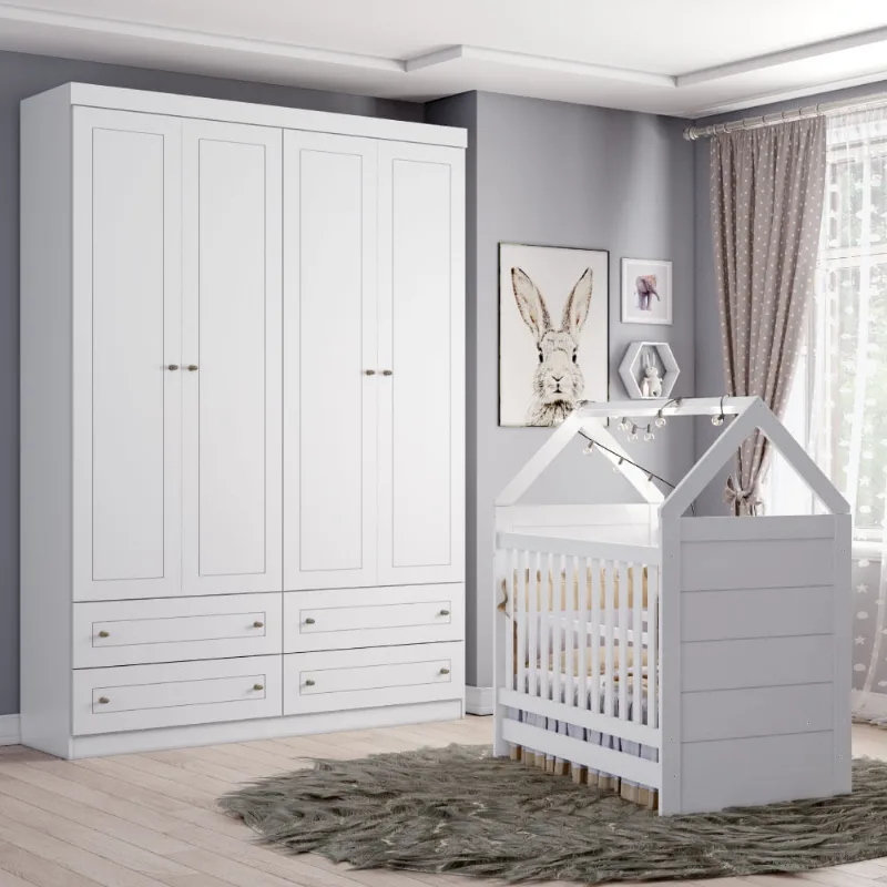 Quarto de Bebê Americano Berço Mini Cama e Guarda Roupa - Branco