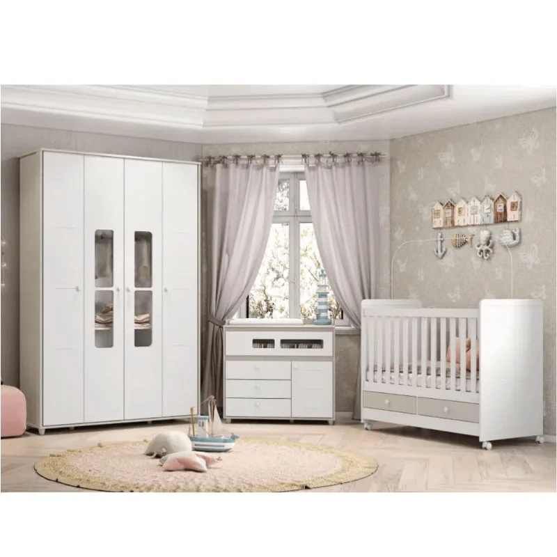 Quarto de Bebê Aquarela Berço, Guarda Roupa e Cômoda - Branco/Cristal