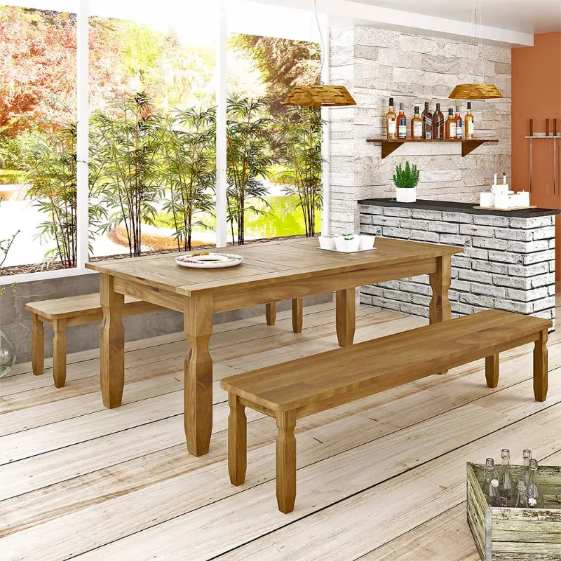 Conjunto Mesa 1,60m e 2 Bancos Rústico Corona - Ideal P/ Area Externa - Madeira Maciça