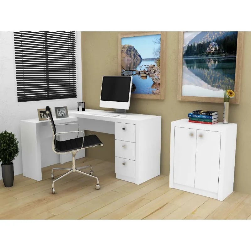 Conjunto para Escritório Mesa em L e Balcão 2 Portas - Branco