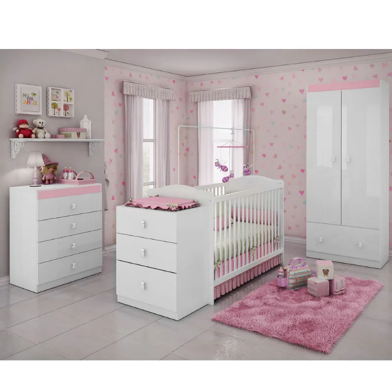 Quarto de Bebê Completo Sabrina 3 em 1 - Branco/Rosa
