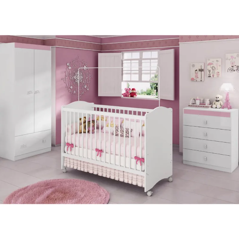 Quarto de Bebê Completo Satriani 3 em 1 Plus - Branco/Rosa Guarda-Roupa Modular 3 Peças 6 Portas Jade CabeCasa MadeiraMadeira Branco Fosco