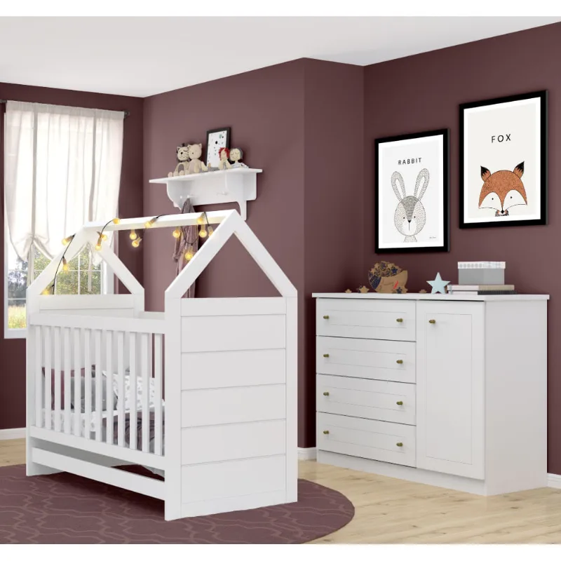 Quarto de Bebê Prime Berço Mini Cama e Cômoda 4 Gavetas - Branco
