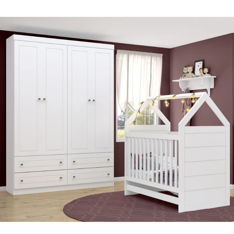 Quarto de Bebê Prime Berço Mini Cama e Guarda Roupa - Branco