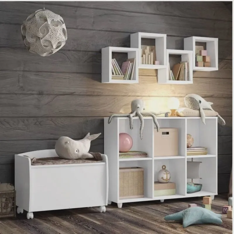 Conjunto Quarto Infantil 1 Baú 1 Armário Organizador 4 Nichos Suspensos Aquarela Henn Branco