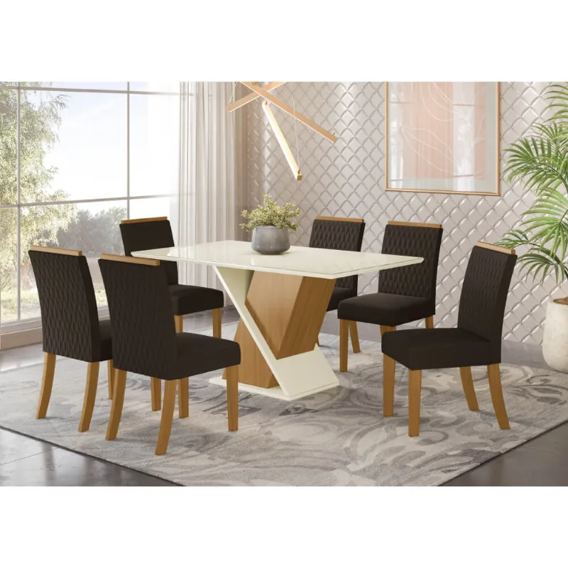 Mesa de Jantar Solus com 6 Cadeiras Vega - Nature/Off White/Marrom