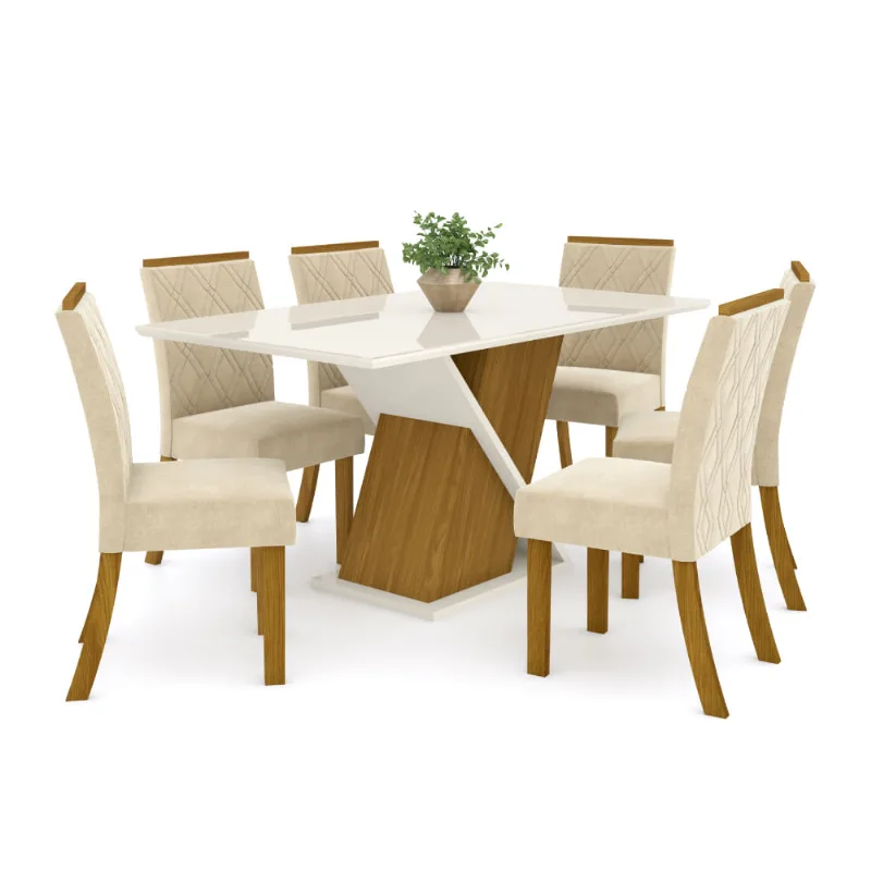 Mesa de Jantar Solus com 6 Cadeiras Vita - Nature/Off White/Linho