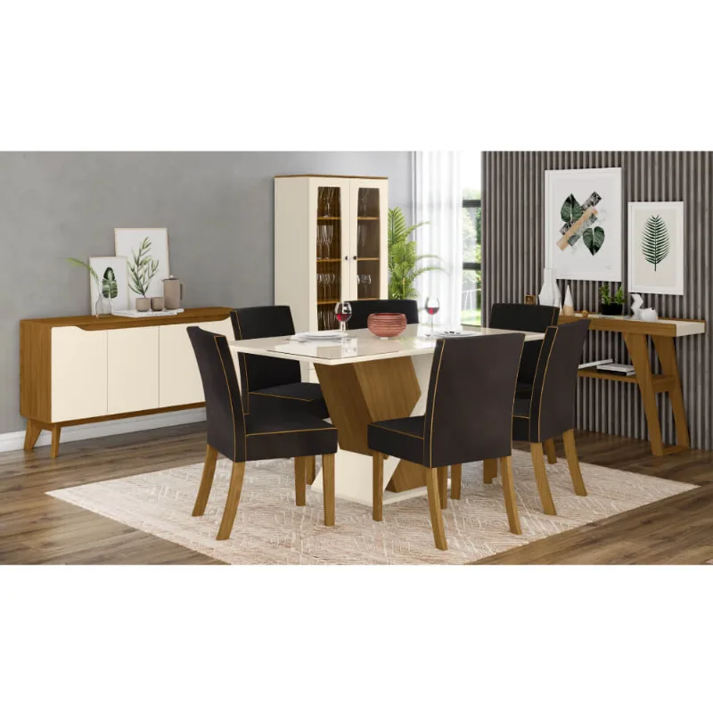 Conjunto Mesa de Jantar c/6 Cadeiras, Aparador e Buffet -Nature/Off White/Marrom