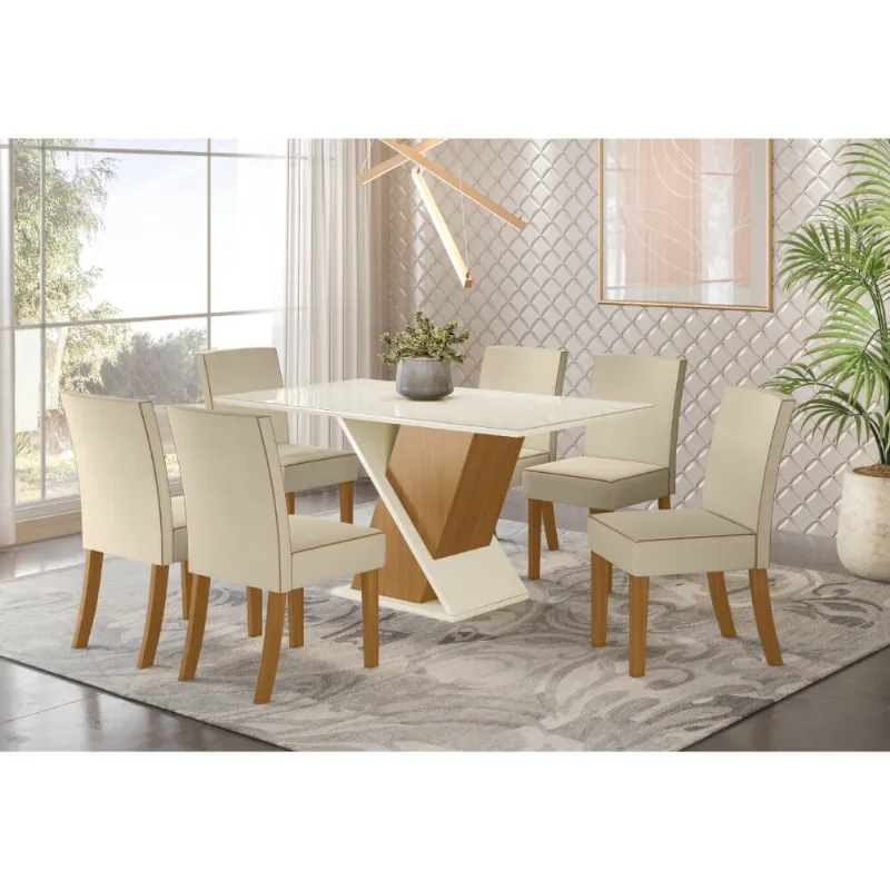 Mesa de Jantar Solus c/ 6 Cadeiras Maris - Nature/Off White/Linho