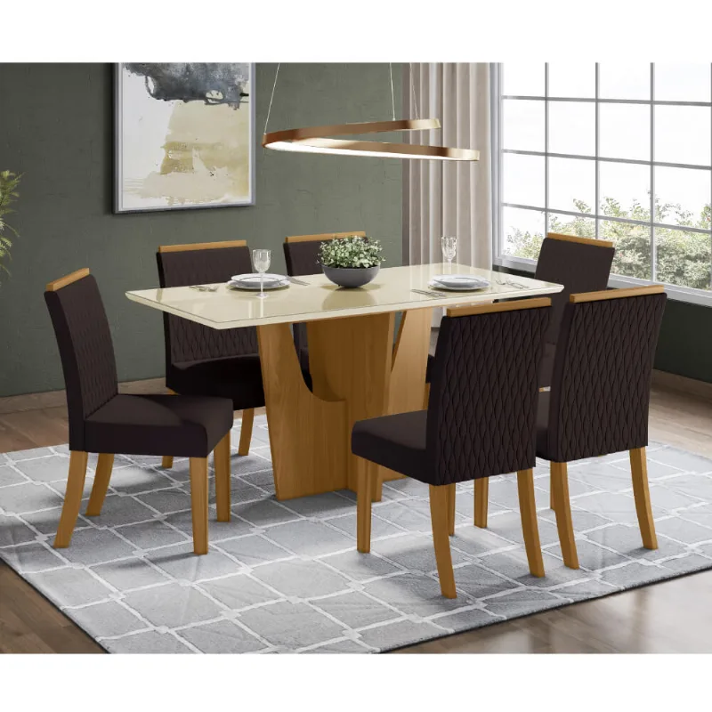 Mesa de Jantar Vértice 160cm 6 Cadeiras Vega - Nature/Off White/Marrom