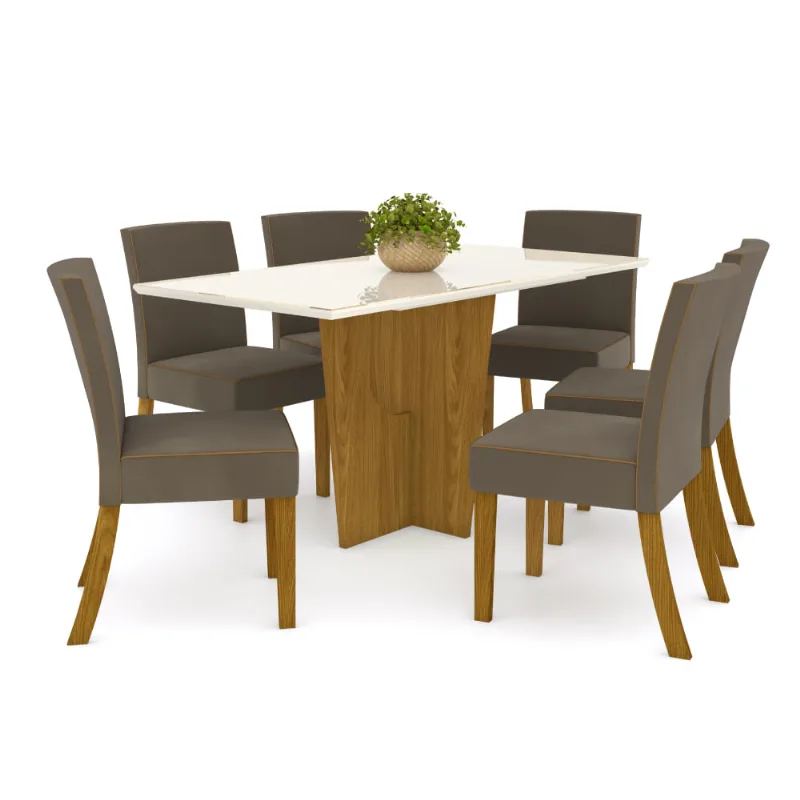 Mesa de Jantar Vértice 160cm 6 Cadeiras Maris - Nature/Off White/Marrom Claro