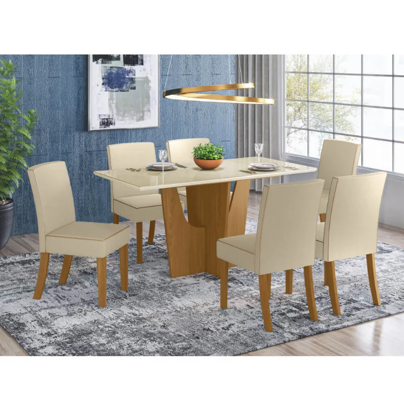 Mesa de Jantar Vértice 160cm 6 Cadeiras Maris - Nature/Off White/Linho