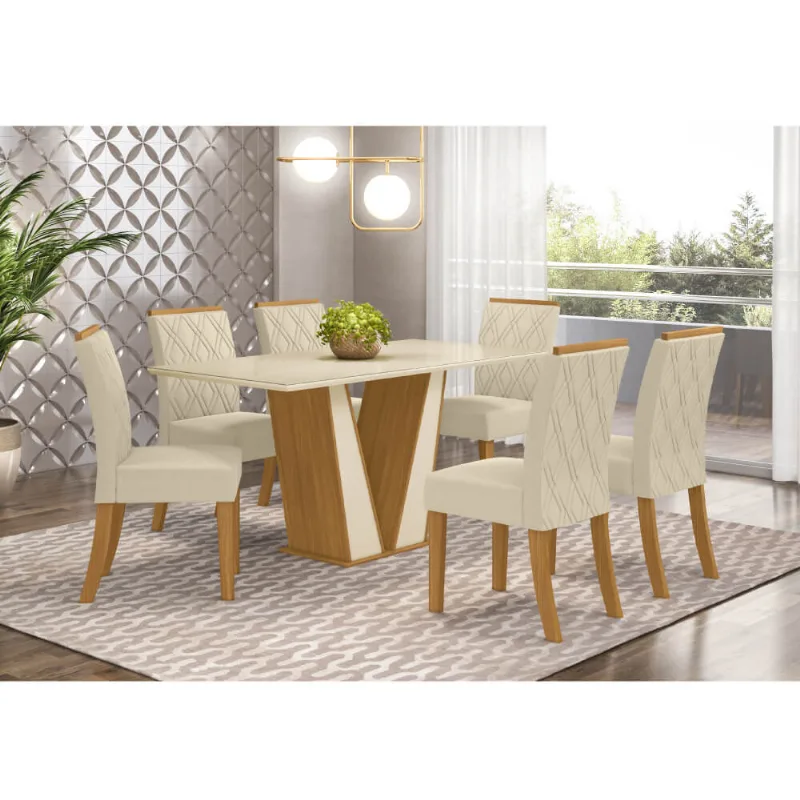 Mesa de Jantar Garda 160cm 6 Cadeiras Vita - Nature/Off White/Linho
