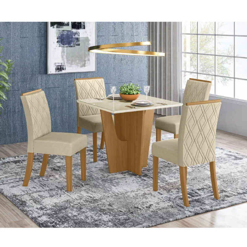 Mesa de Jantar Vértice 90cm 4 Cadeiras Vita - Nature/Off White/Linho