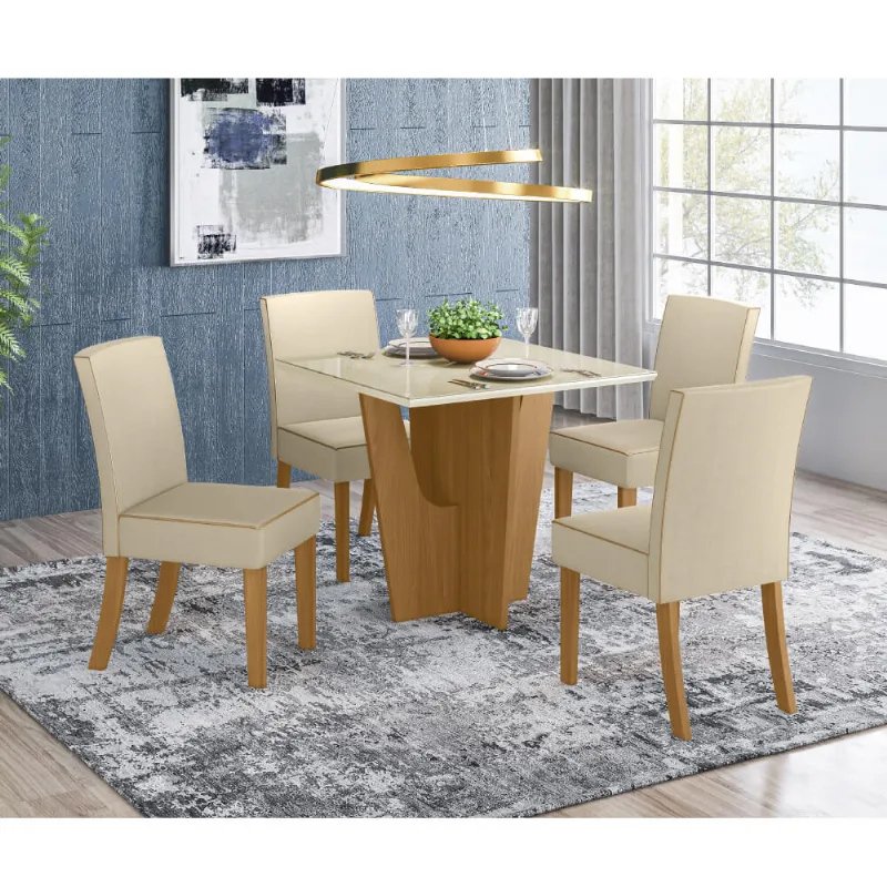 Mesa de Jantar Vértice 90cm 4 Cadeiras Maris - Nature/Off White/Linho