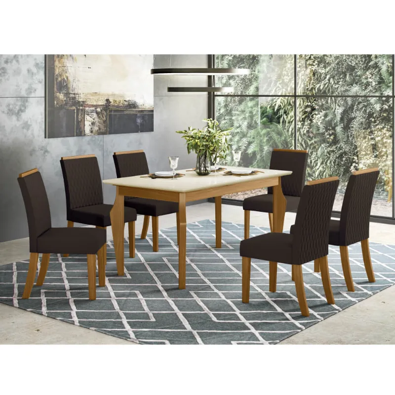 Mesa de Jantar Ghala 160cm 6 Cadeiras Vega - Nature/Off White/Marrom