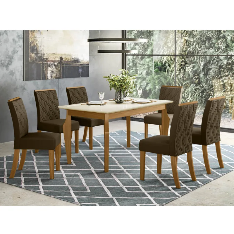 Mesa de Jantar Ghala 160cm 6 Cadeiras Vita - Nature/Off White/Marrom Claro