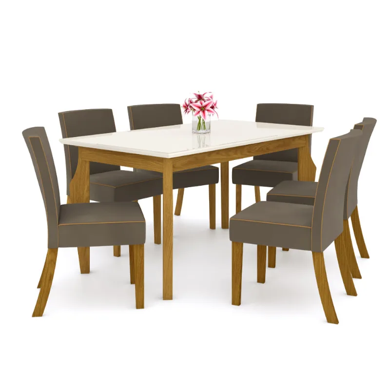 Mesa de Jantar Ghala 160cm 6 Cadeiras Maris - Nature/Off White/Marrom Claro