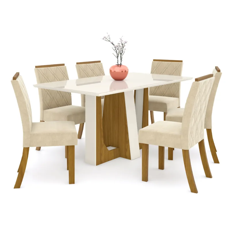 Mesa de Jantar Alfa 160cm 6 Cadeiras Vita - Nature/Off White/Linho
