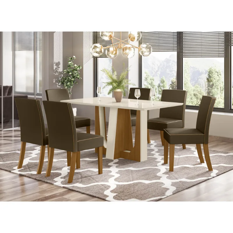 Mesa de Jantar Alfa 160cm 6 Cadeiras Maris - Nature/Off White/Marrom Claro