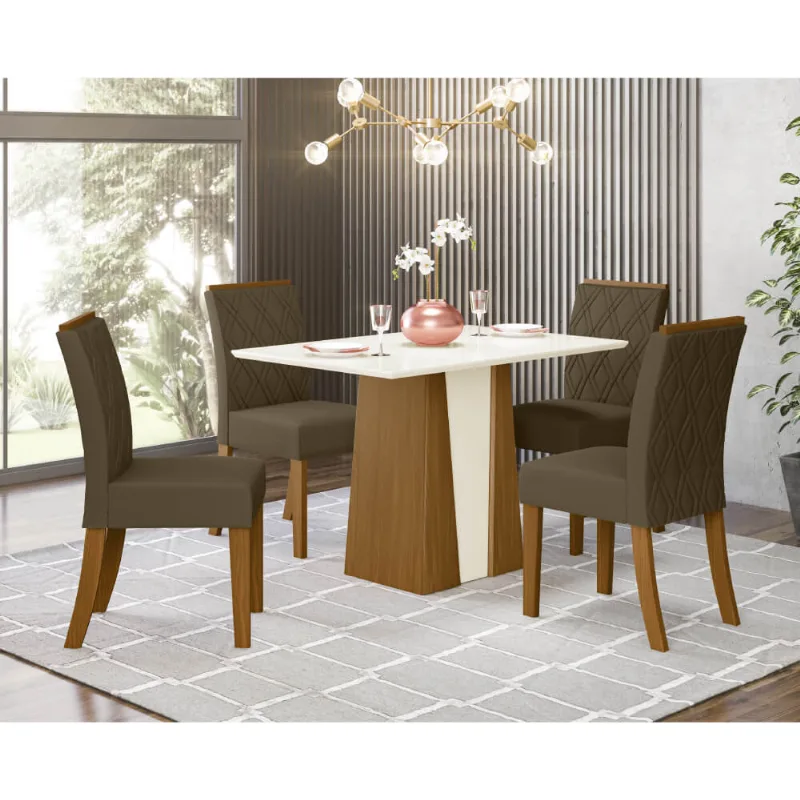 Mesa de Jantar Orus 120cm 4 Cadeiras Vita - Nature/Off White/Marrom Claro