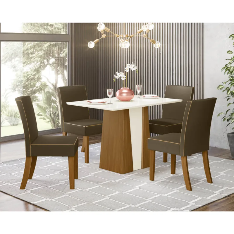 Mesa de Jantar Orus 120cm 4 Cadeiras Maris - Nature/Off White/Marrom Claro