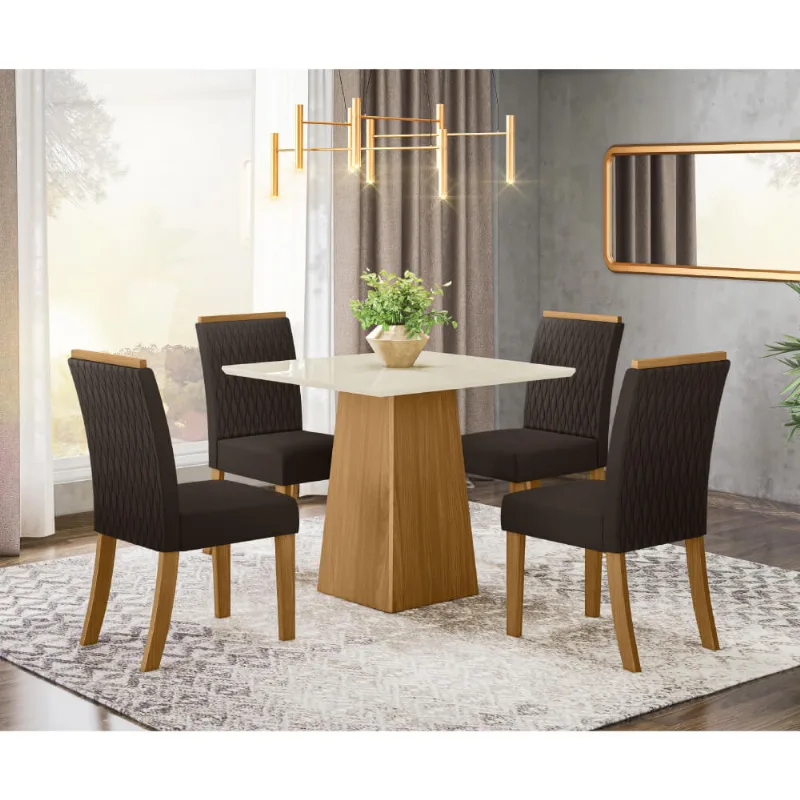 Mesa de Jantar Dora 90cm 4 Cadeiras Vega - Nature/Off White/Marrom