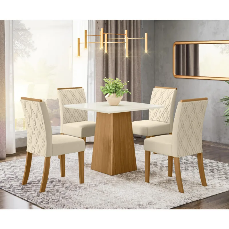 Mesa de Jantar Dora 90cm 4 Cadeiras Vita - Nature/Off White/Linho
