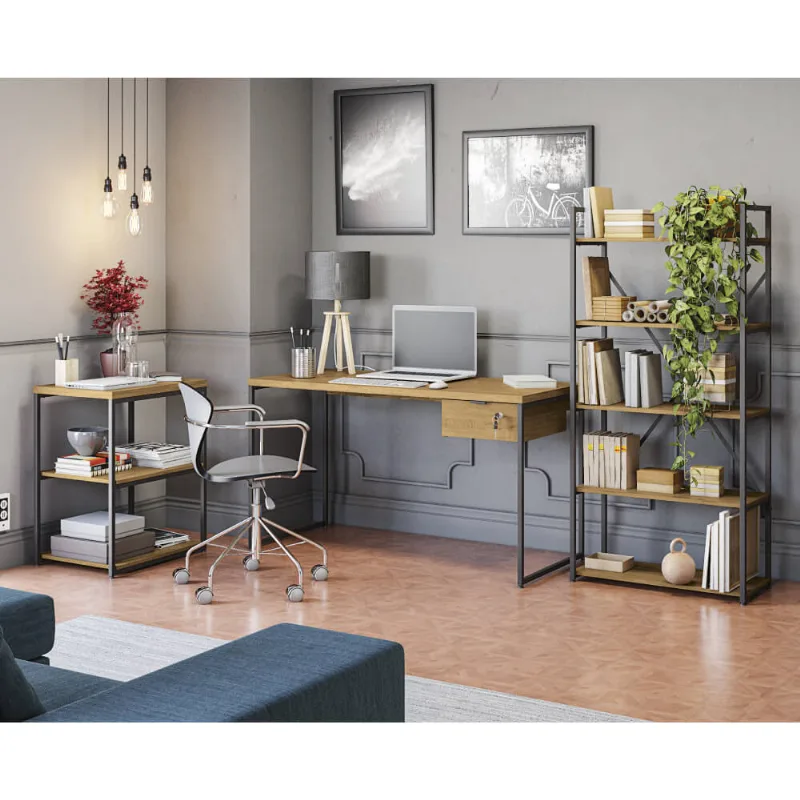 Kit Escritório Industrial com Mesa e Estantes - Freijó/Preto