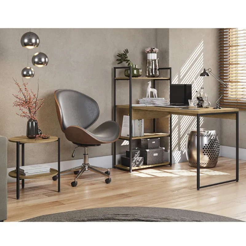 Kit Escritório Industrial com Mesa Estante e Mesa de Canto - Freijó/Preto
