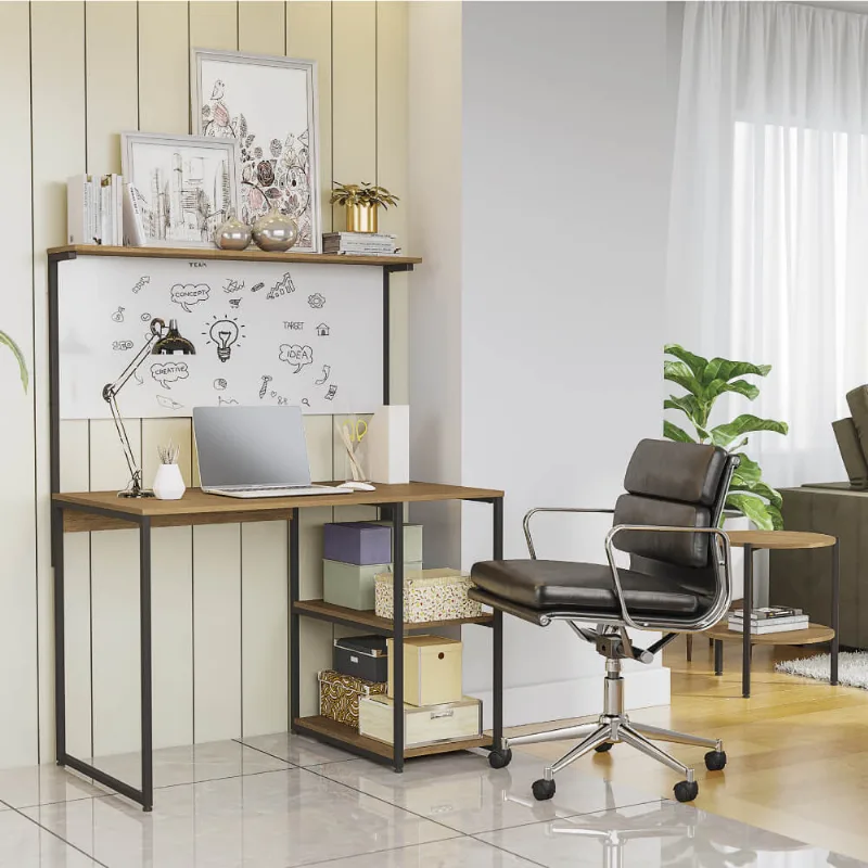 Kit Escritório Industrial Mesa com Painel e Mesa de Canto - Freijó/Preto
