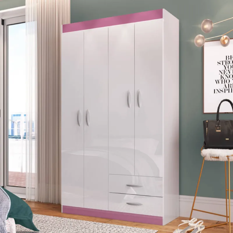Guarda Roupa Infantil Moscou com 4 Portas - Branco/Rosa