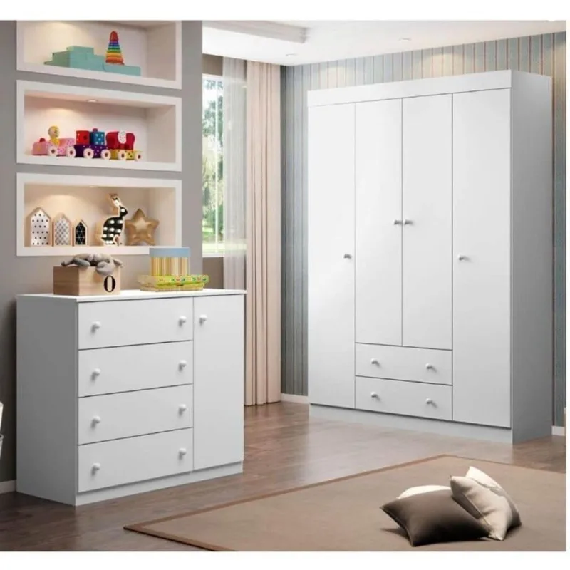 Quarto Infantil com 1 Guarda Roupa 4 Portas 2 Gavetas com 1 Cômoda 100% MDF Elisa Branco