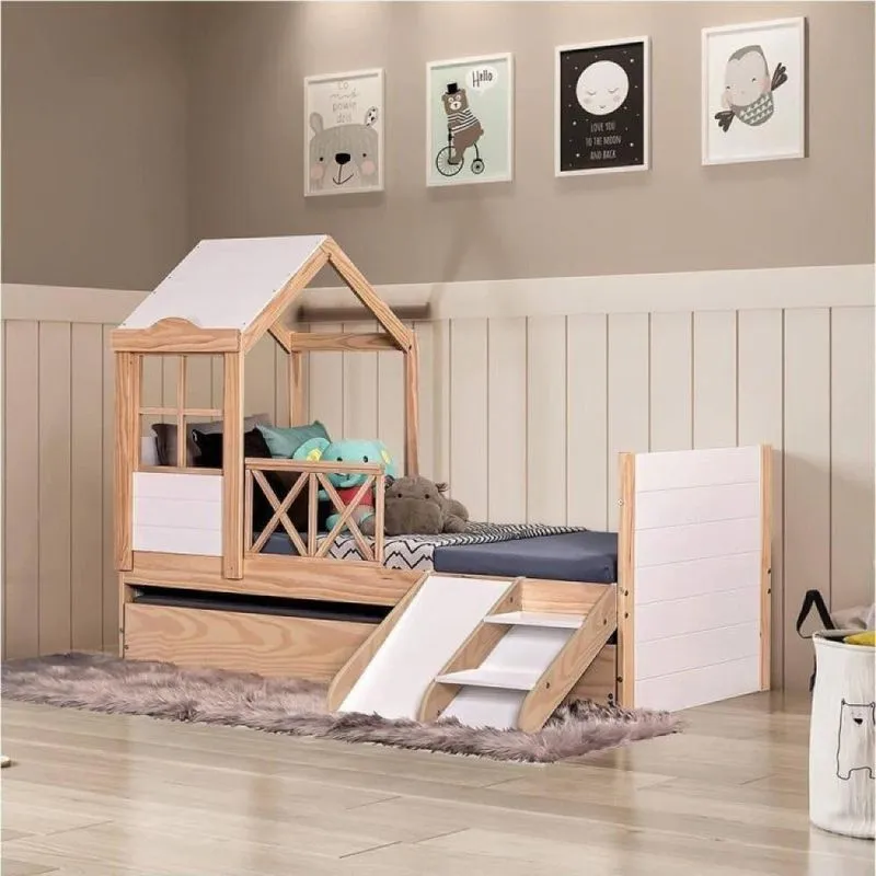 Bicama Infantil Garden com Telhado Plus e Kit Escadinha Natural/Branco - Casatema