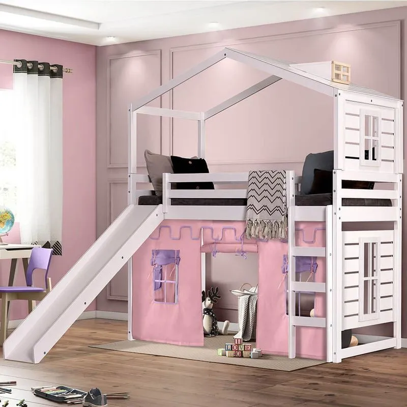 Cama Infantil Divertida Escorregador,telhado Clarabóia,janelas I/ii,tenda Branco/rosa Casatema