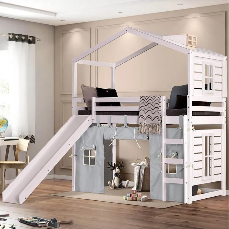 Cama Infantil Divertida Escorrega,Telhado Clarabóia,Janelas I/Ii,Tenda Branco/Cinza Casatema