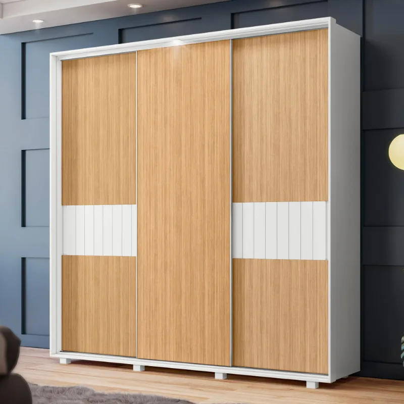 Guarda Roupa Casal Luminare com 3 Portas de Correr Flex - Natural/Branco