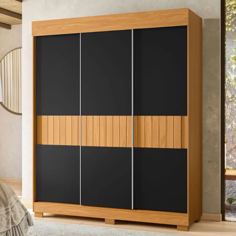Guarda Roupa Estiletto com 3 Portas de Correr Flex - Carvalho/Preto