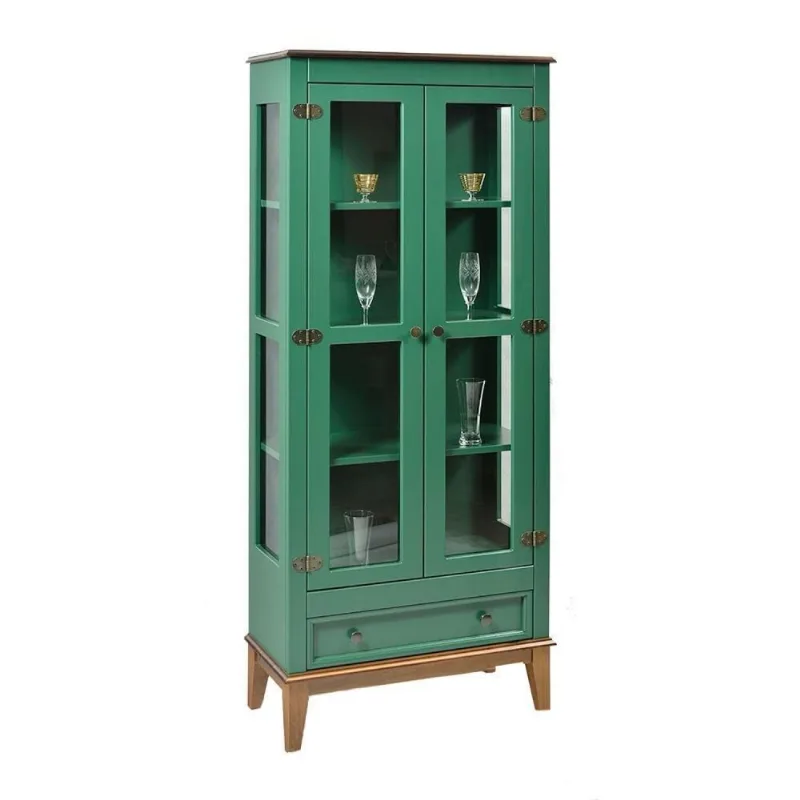 Cristaleira com 2 Portas de Vidro e 1 Gaveta Casatema Amêndoa/Verde