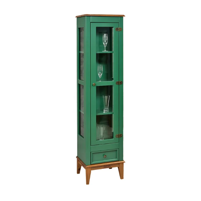 Cristaleira com 1 Porta de Vidro e 1 Gaveta - Amêndoa/Verde