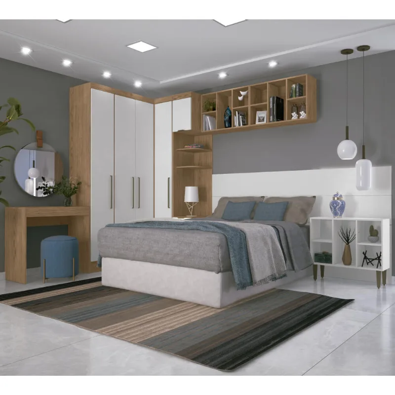 Quarto Modulado Casal Infinity com 6 Portas - Macadâmia/Branco Line