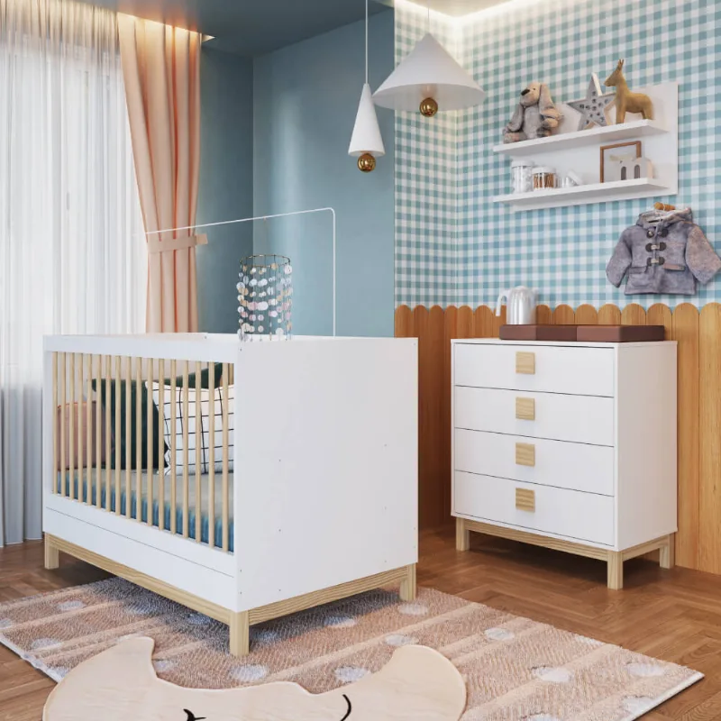 Quarto de Bebê Eleva com Berço Mini Cama, Cômoda e Prateleiras 80 cm - Branco