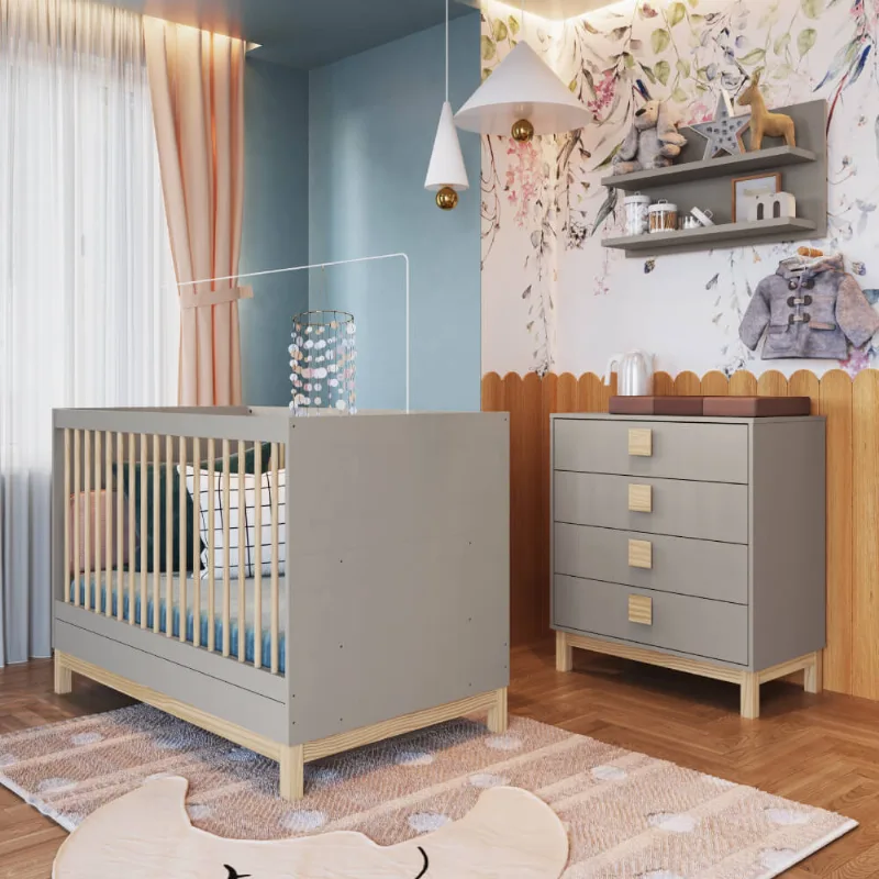 Quarto de Bebê Eleva com Berço Mini Cama, Cômoda e Prateleiras 80 cm - Gianduia