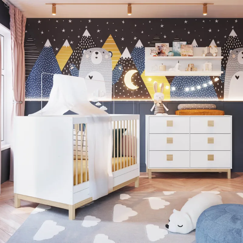 Quarto de Bebê Eleva com Berço Mini Cama, Cômoda e Prateleiras 120 cm - Branco