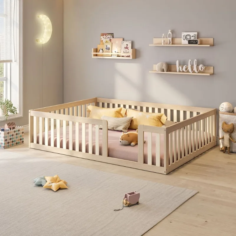 Cama Montessoriana Casal com Grade Giulia Casatema Marrom/Bege Natural/Bege
