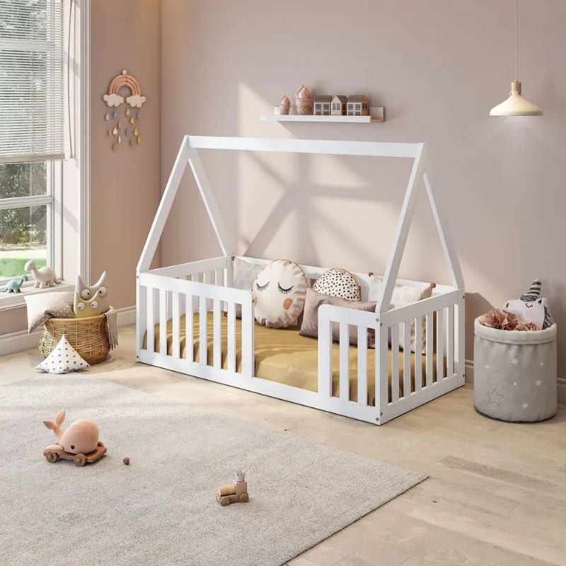 Mini Cama Montessoriana com Grade e Telhado Giulia Casatema Branco Branco